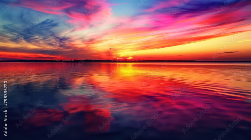 Vibrant sunset over a serene lake, with colorful reflections shimmering on the water Vibrant sunset over a serene lake, with colorful reflections shimmering on the water