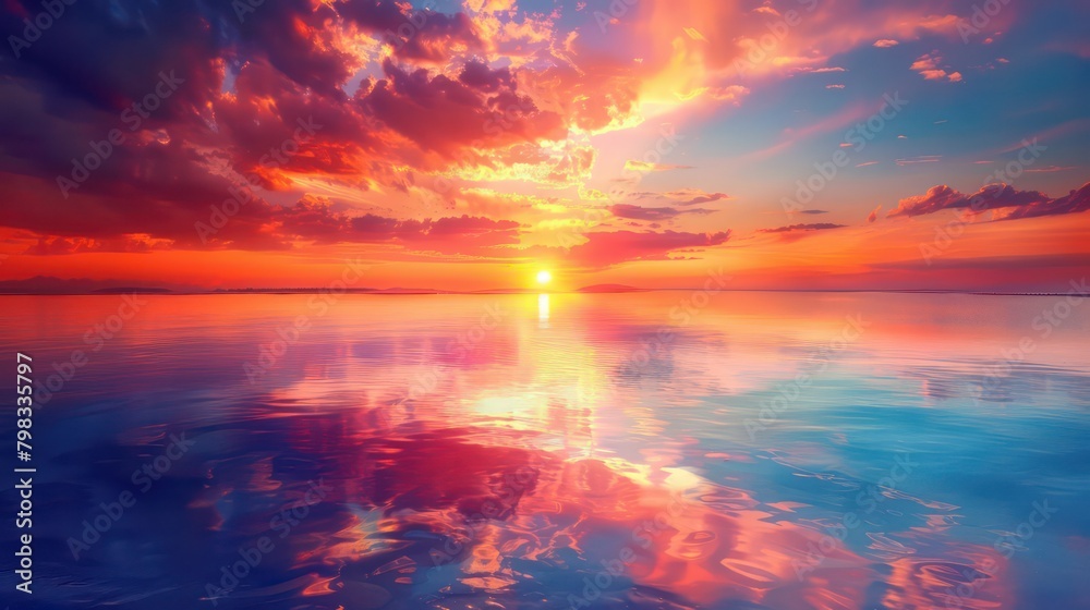Vibrant sunset over a serene lake, with colorful reflections shimmering on the water Vibrant sunset over a serene lake, with colorful reflections shimmering on the water