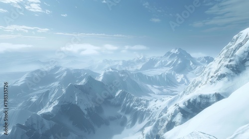 A snow-capped mountain range sprawls below as seen from the window of a plane in flight. The rugged peaks are covered in a blanket of white snow, with deep valleys and sharp ridges visible against the © Justlight
