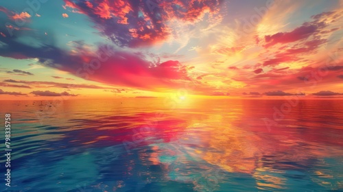 Vibrant sunset over a serene lake  with colorful reflections shimmering on the water