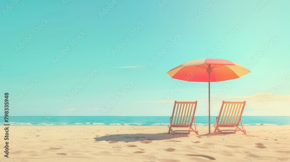 Beach umbrella with two chairs on the sand. summer travel vacation background with copy space