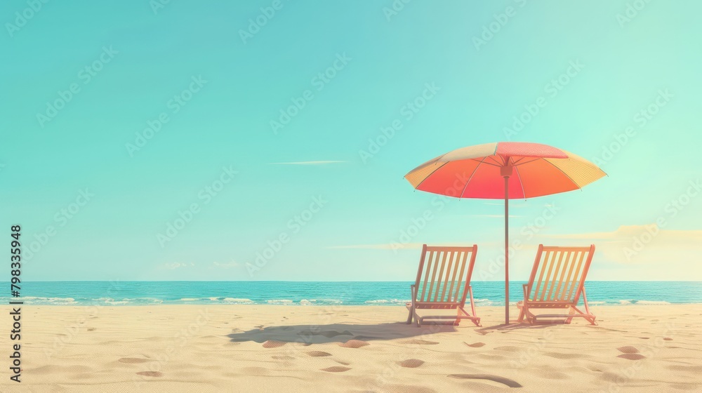 Beach umbrella with two chairs on the sand. summer travel vacation background with copy space Beach umbrella with two chairs on the sand. summer travel vacation background with copy space