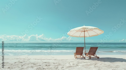 Beach umbrella with two chairs on the sand. summer travel vacation background with copy space