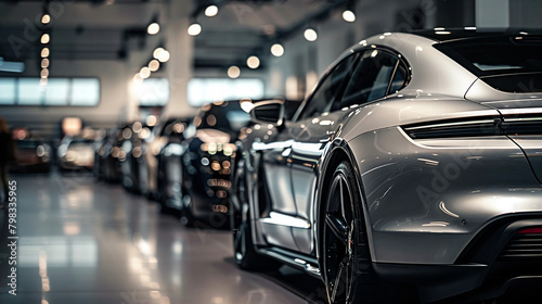 A photograph capturing the elegant interior design of an automotive showroom.