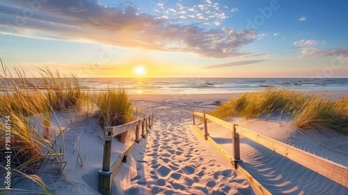 Beautiful sand dune beach at sunset with wooden bridge