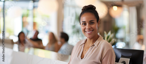 Young woman receptionists standing in hotel lobby near the counter photo