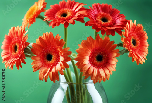 'green bright transparent color orange stems Gerbera straight vase flowers red plain pink background Background Flower Summer Nature Spring Leaf Gift Floral Beauty Mothers day Valentines day Green'
