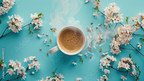 A white mug filled with steaming hot coffee rests on a vibrant blue backdrop adorned with delicate flowers captured in a breathtaking flat lay from a top down angle