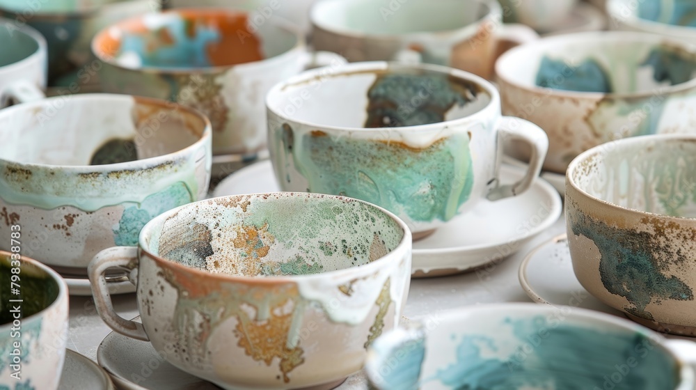 This series of ceramic cups and saucers each with its own unique abstract pattern invites the viewer to appreciate the beauty in imperfection.. This series of ceramic cups and saucers each with its own unique abstract pattern invites the viewer to appreciate the beauty in imperfection..