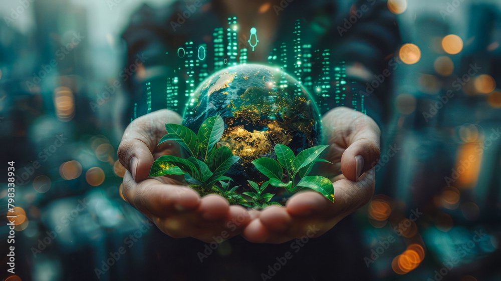 Fototapeta premium Eco-Friendly Industrial Innovation: Hands cup a holographic globe with a green factory, leaves as chimneys, and CO2 symbols, highlighting efforts to reduce emissions and promote sustainability.