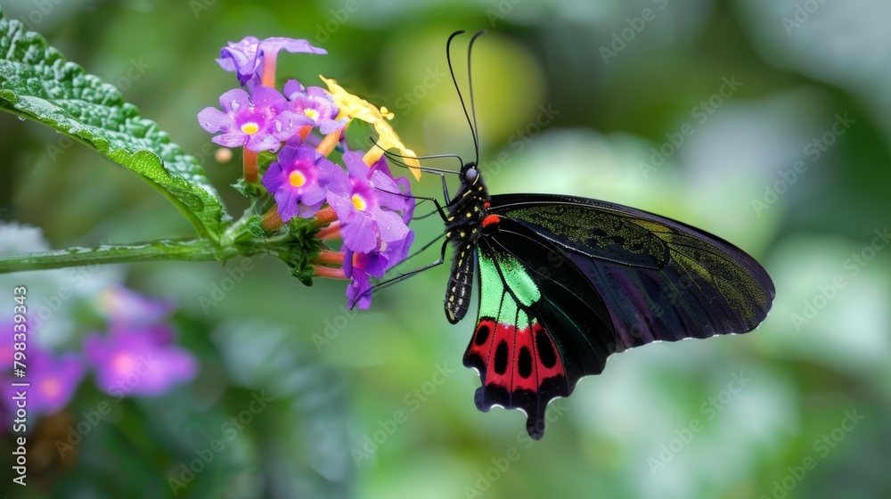 Naklejka premium A colorful butterfly with a long thin proboscis delicately sipping nectar from a purple flower..