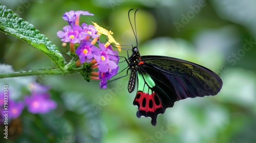 A colorful butterfly with a long thin proboscis delicately sipping nectar from a purple flower.. photo
