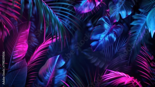Dark jungle with neon lines and palm leaves night scene for tropical party background © Ibad