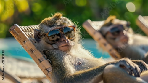 Funny animal monkey summer holiday vacation photography banner background - Closeup of monkeys with sunglasses
