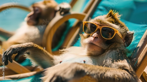 Funny animal monkey summer holiday vacation photography banner background - Closeup of monkeys with sunglasses