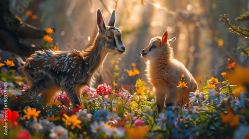 Heartwarming moment as a baby serow stands amidst spring flowers, meeting a playful baby goat, surrounded by gentle, loving light photo