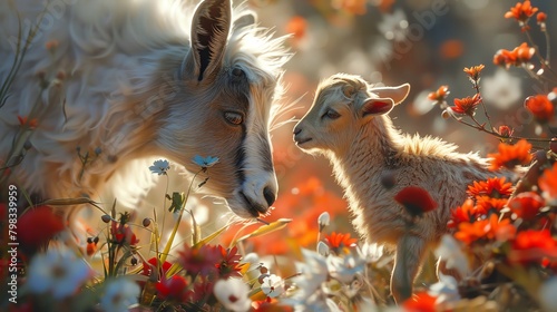 Heartwarming moment as a baby serow stands amidst spring flowers, meeting a playful baby goat, surrounded by gentle, loving light © Nawarit