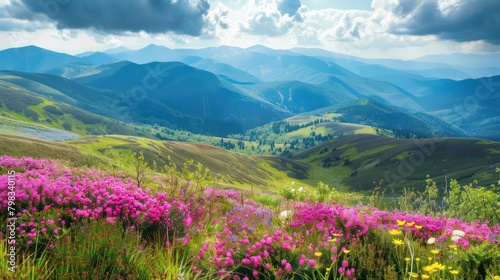 mountain view at beautiful summer sunset with pink rhododendron flowers