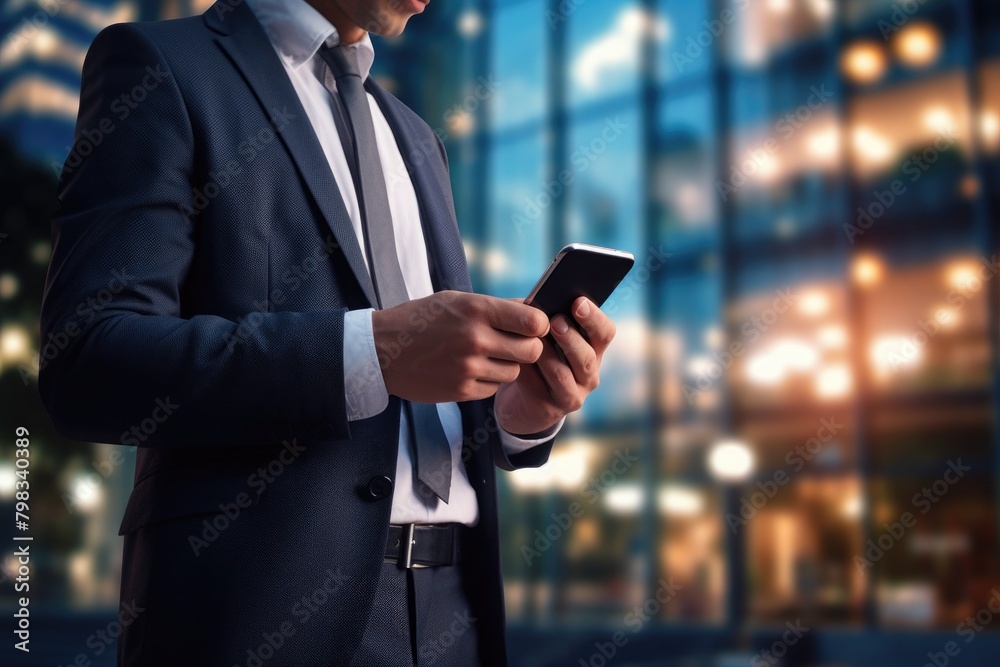 Close-up image of male hands using smartphone at night on city street. businessman working online Close-up image of male hands using smartphone at night on city street. businessman working online