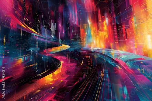 A neon-lit cybercityscape with futuristic light trails illustrating a high-speed urban network, perfect for concepts of advanced technology and connectivity.