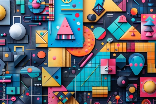 Vibrant 3D abstract composition featuring a variety of geometric shapes and playful colors in a dynamic, layered arrangement.