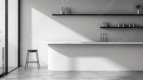 Minimalist kitchen design in monochrome with high contrast, featuring mockup jars on open shelving and a sleek bar stool photo