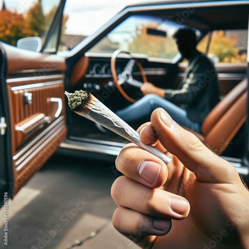 Driving while smoking cannabis joint. Marijuana. Legal regulation. Driving license regulation. Weed. Don’t drive high. Observe limit value and abstinence breaks. Spliff. Generative AI