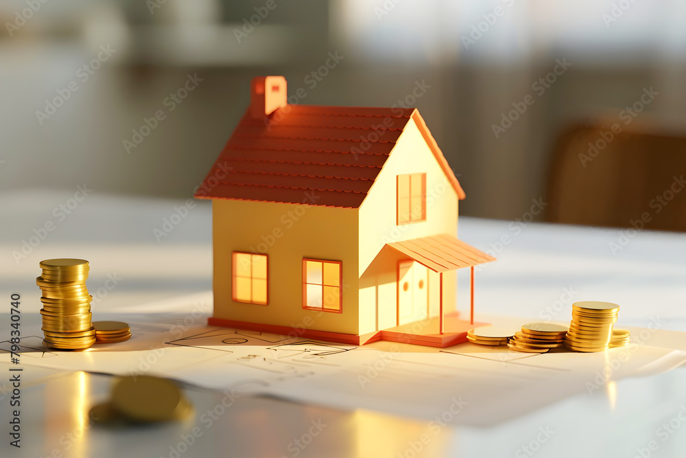 Small house model and coins on a paper, planning buying and selling property, real estate investment concept Small house model and coins on a paper, planning buying and selling property, real estate investment concept