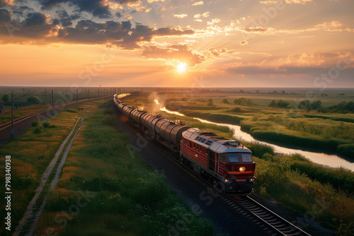 The train moves at sunset