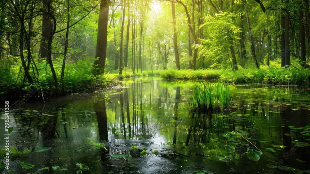 Peaceful forest and pond, spring or summer landscape Peaceful forest and pond, spring or summer landscape