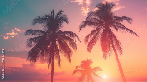 Silhouette of palm trees at sunset  vintage filter