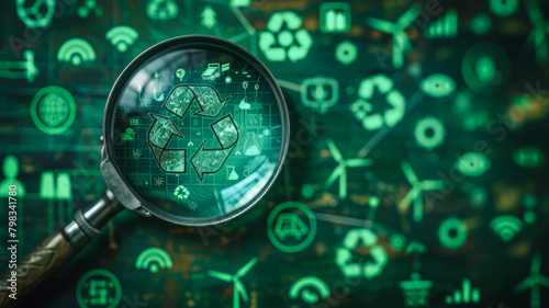 Environmental Scrutiny: A magnifying glass focuses on a CO2 icon set against a backdrop of eco-friendly symbols, highlighting the importance of analyzing carbon footprints and sustainability.