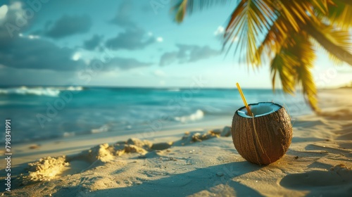 Tropical beach with sea coconut drink on sand, summer holiday background photo