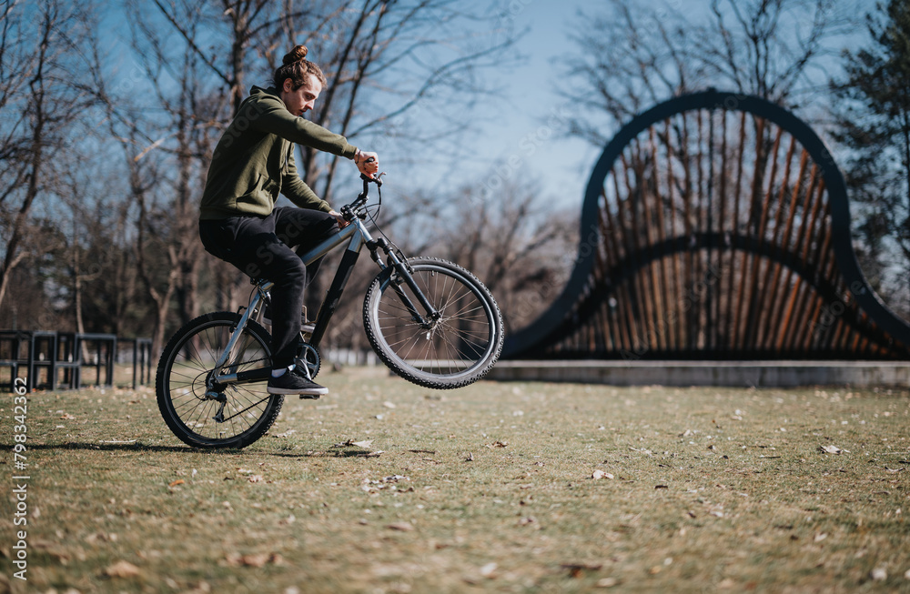 A young adult male cycles confidently in a vibrant park, showcasing dynamic motion and a scenic backdrop with an iconic bridge.