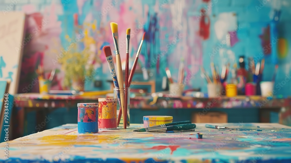 Capture the excitement of arts and crafts with a table set up with paints, brushes, and colorful construction paper.