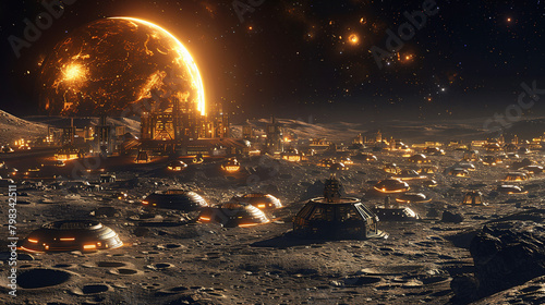 A panoramic view of a colossal alien base, concealed in the dark shadows on the far side of the Moon. The base features advanced, geometric architecture.