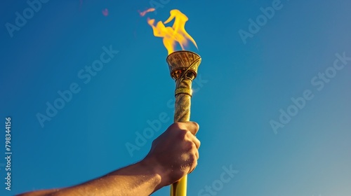 A man's hand holds a torch with the olympic flame against a blue sky background. Sport concept