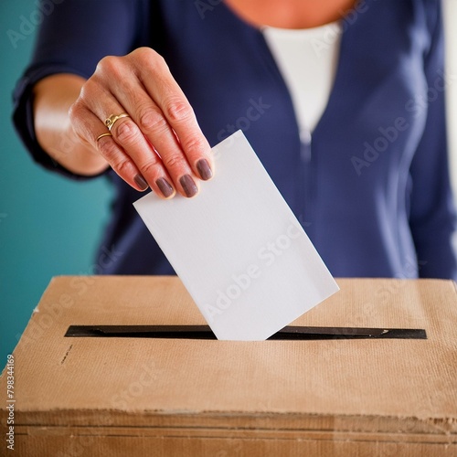 main d'une femme glissant un bulletin de vote dans une urne durant une élection en ia photo