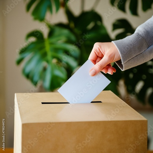 main d'une femme tenant un bulletin de vote au dessus d'une urne durant un vote à bulletin secret en ia 