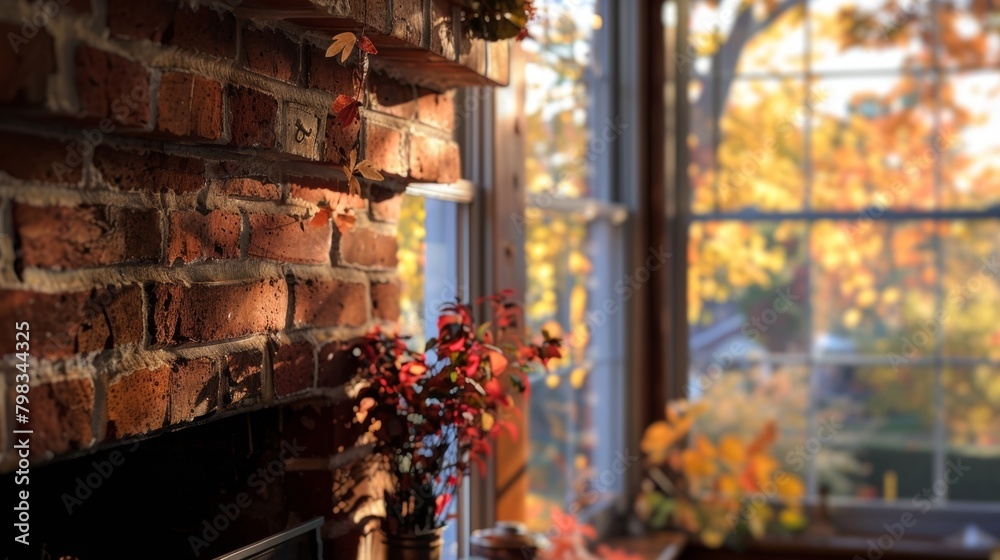 The traditional brick fireplace radiates warmth as you take in the changing colors of the autumn leaves through the nearby windows. 2d flat cartoon.