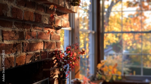 The traditional brick fireplace radiates warmth as you take in the changing colors of the autumn leaves through the nearby windows. 2d flat cartoon.