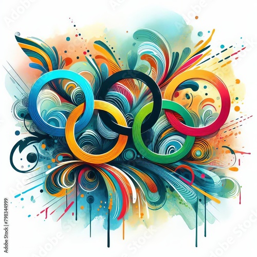 Сolorful background with Olympic rings representing the spirit of the Summer Olympic Games. Swirls and grunge elements. Illustration.