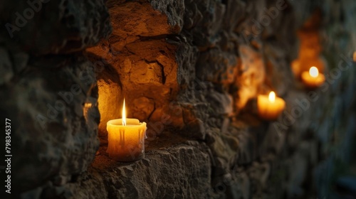Within the stone walls of an ancient castle small alcoves carved into the rock hold small candles adding a touch of warmth to the castles cold interior. 2d flat cartoon. photo