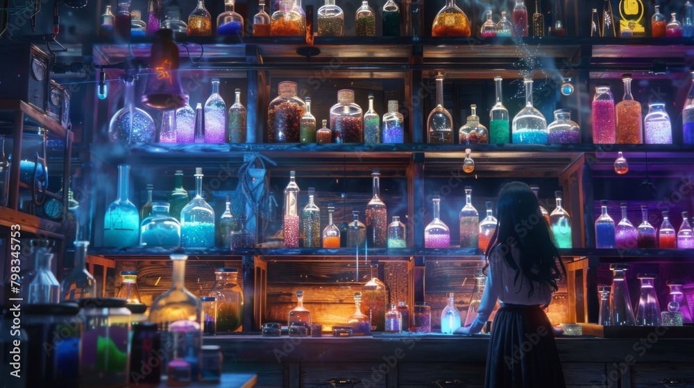 In a dimlylit laboratory a woman is surrounded by shelves lined with jars of strange ingredients and vials of colorful liquids. With . .
