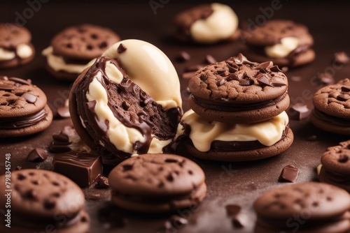 'tasty ice cream chocolate sandwich cookies background top view american biscuit brown cake closeup cold confectionery cookie crumbled delicious dessert eat favor food fresh glac? epicure homemade' photo