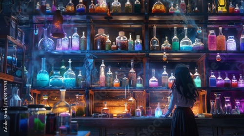 In a dimlylit laboratory a woman is surrounded by shelves lined with jars of strange ingredients and vials of colorful liquids. With . . photo