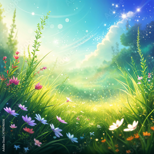 A vibrant and colorful meadow filled with various flowers, tall grasses, and lush greenery, all set against a backdrop of a clear blue sky dotted with white clouds.