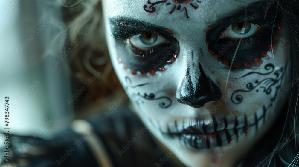 Portrait of a woman with dramatic skull makeup, her eyes piercing through the darkness, set against a shadowy background - obrazy, fototapety, plakaty 