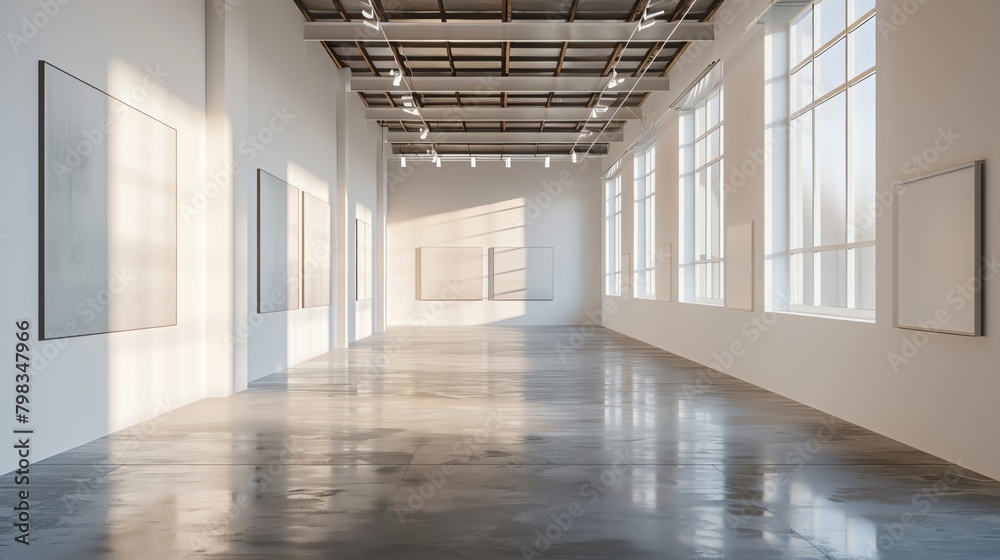Spacious and airy minimalist gallery space with large mockup canvases on simple walls, bathed in diffused sunlight