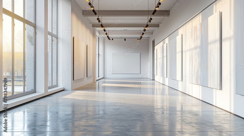 Spacious and airy minimalist gallery space with large mockup canvases on simple walls, bathed in diffused sunlight Spacious and airy minimalist gallery space with large mockup canvases on simple walls, bathed in diffused sunlight